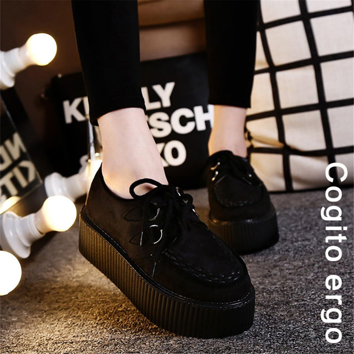 Women'S Handmade Suede Lace up Flat Platform Creepers Shoe – Velora Lane